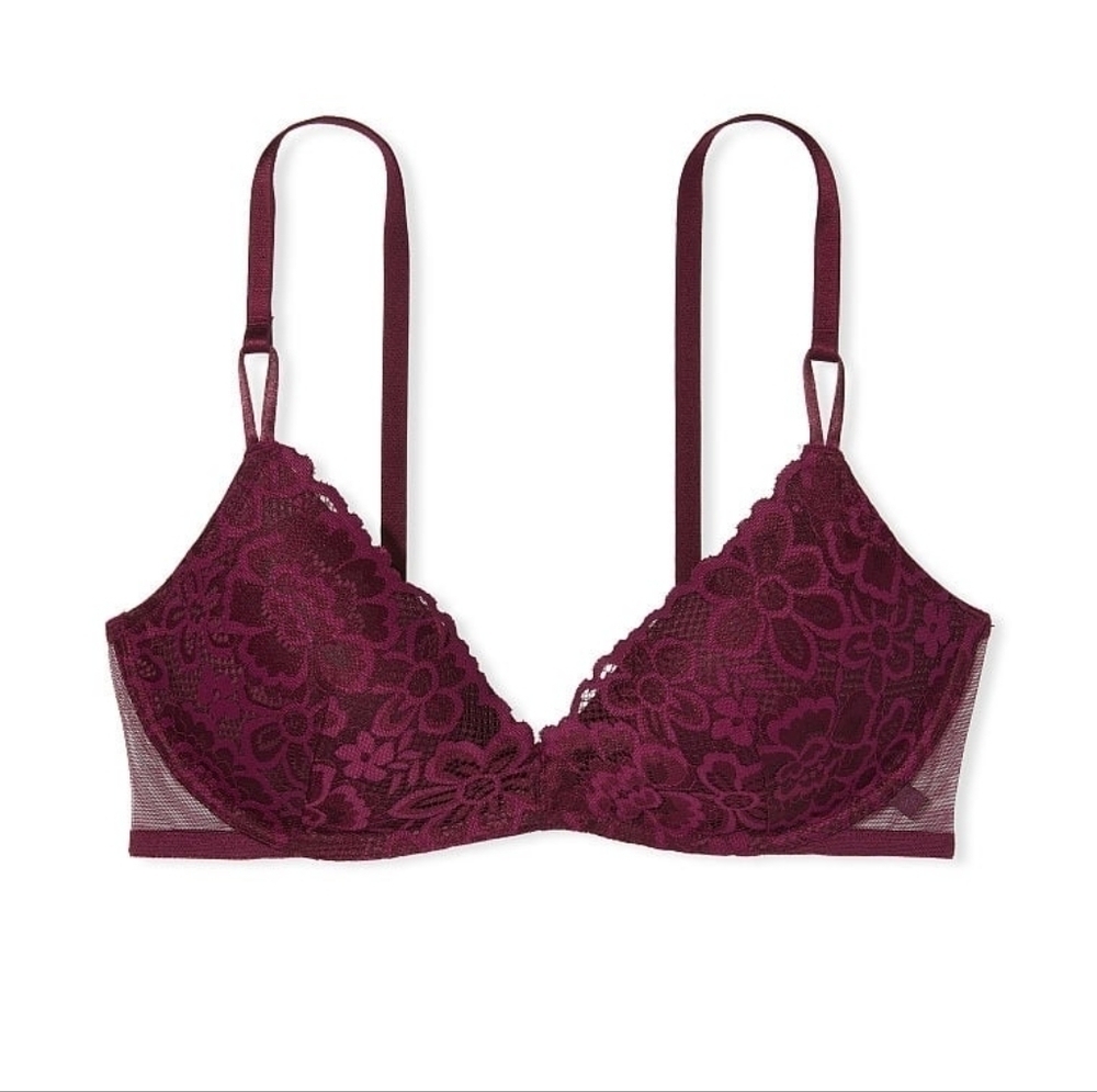 Sexy tee wireless lace push up Victoria's secret bra 34 DDD NEW deep red maroon